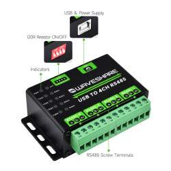 Industrial USB - 4 Channel RS485 Signal Converter - Wall -/ Rail Mount Support - bidirectional